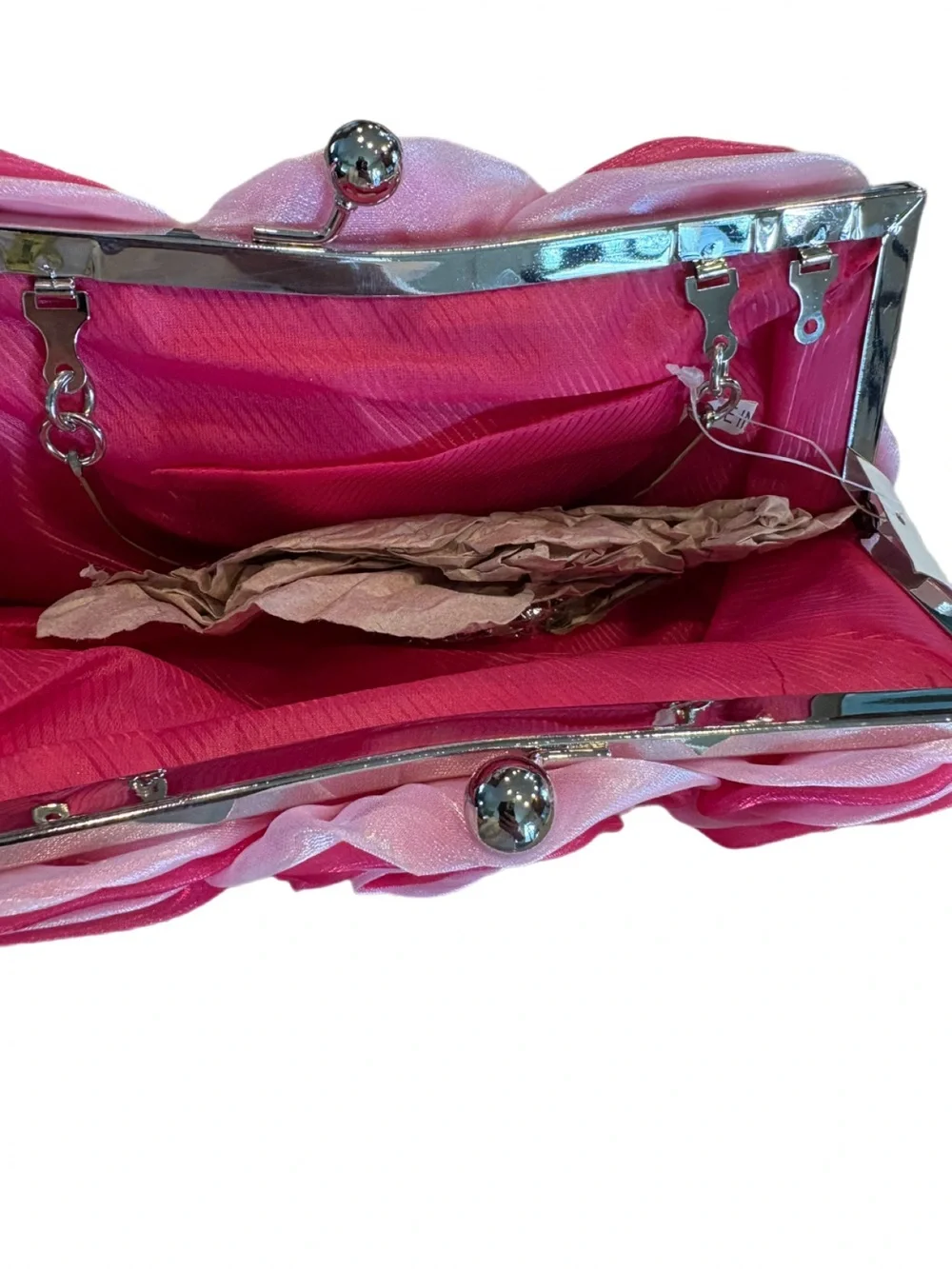 Helen Heart Pink Rosette Formal Evening Bag NWT Silver Handle Chain Strap - Picture 4 of 8